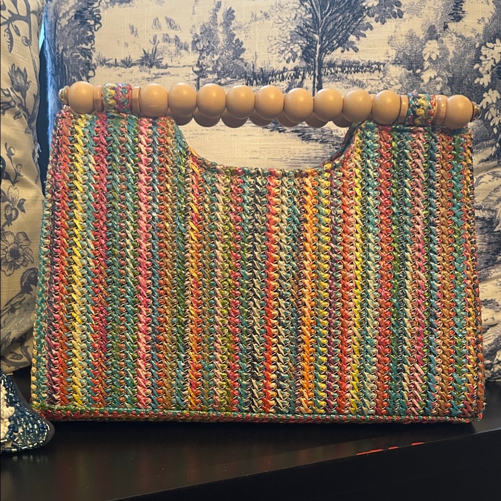 Haute Hippie Multicolor Woven Shoulder Bag with Wooden Bead Handle NWOT